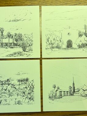 Source Unknown Cream Architectural Sketch Prints - Set of Four